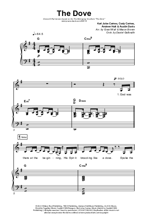 The Dove (Unison/2-Part Choir) Octavo (Uni/2-Part & Pno) (The Belonging Co / Kari Jobe / Arr. Mason Brown)