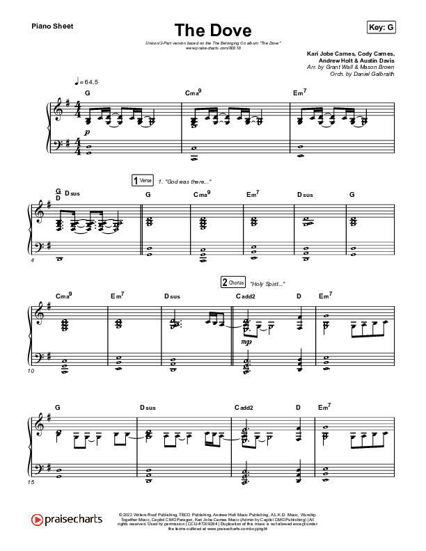 The Dove (Unison/2-Part Choir) Piano Sheet (The Belonging Co / Kari Jobe / Arr. Mason Brown)