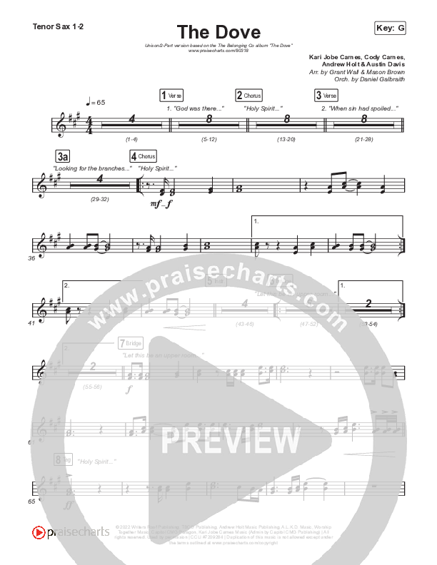 The Dove (Unison/2-Part Choir) Tenor Sax 1/2 (The Belonging Co / Kari Jobe / Arr. Mason Brown)