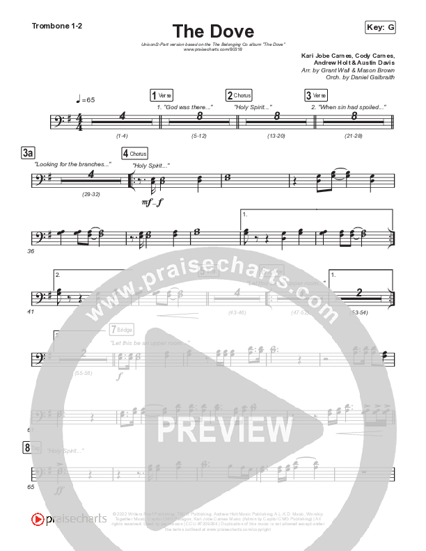 The Dove (Unison/2-Part Choir) Trombone 1/2 (The Belonging Co / Kari Jobe / Arr. Mason Brown)