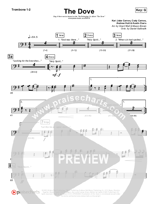 The Dove (Sing It Now SATB) Trombone 1/2 (The Belonging Co / Kari Jobe / Arr. Mason Brown)