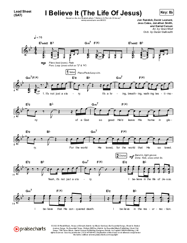 I Believe It (The Life Of Jesus) Lead Sheet (SAT) (Jon Reddick)