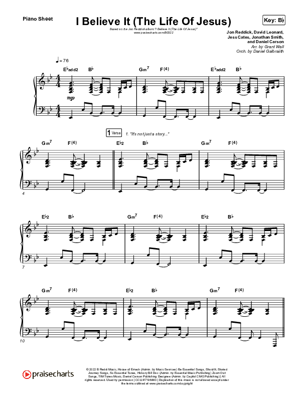 I Believe It (The Life Of Jesus) Piano Sheet (Jon Reddick)