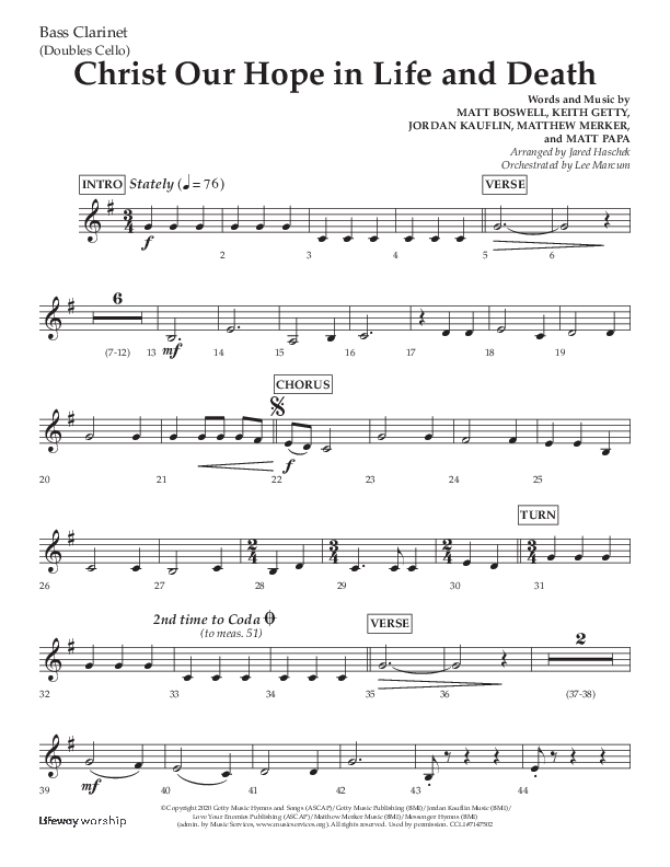 Christ Our Hope In Life And Death (Choral Anthem SATB) Bass Clarinet (Lifeway Choral / Arr. Jared Haschek / Orch. Lee Marcum)