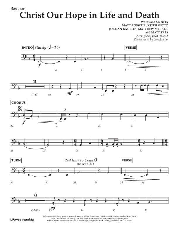 Christ Our Hope In Life And Death (Choral Anthem SATB) Bassoon (Lifeway Choral / Arr. Jared Haschek / Orch. Lee Marcum)