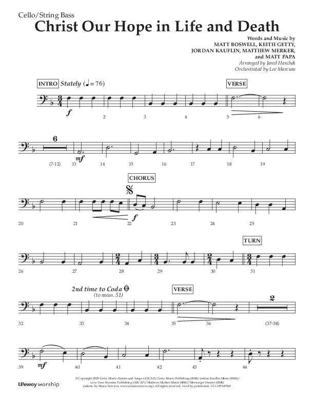 Christ Our Hope In Life And Death (Choral Anthem SATB) Cello/Bass (Lifeway Choral / Arr. Jared Haschek / Orch. Lee Marcum)