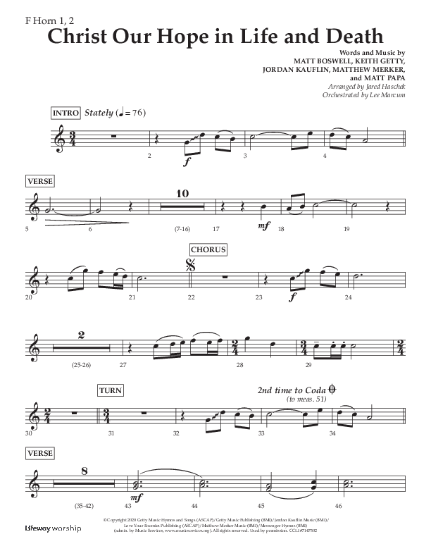 Christ Our Hope In Life And Death (Choral Anthem SATB) French Horn 1/2 (Lifeway Choral / Arr. Jared Haschek / Orch. Lee Marcum)