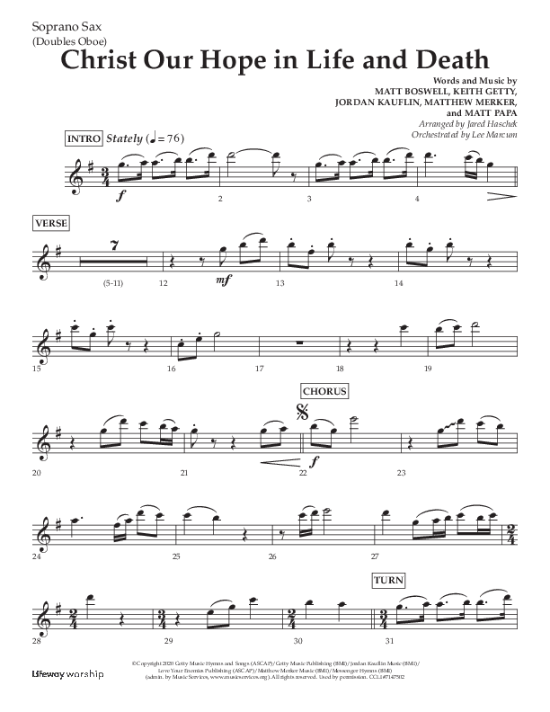 Christ Our Hope In Life And Death (Choral Anthem SATB) Soprano Sax (Lifeway Choral / Arr. Jared Haschek / Orch. Lee Marcum)