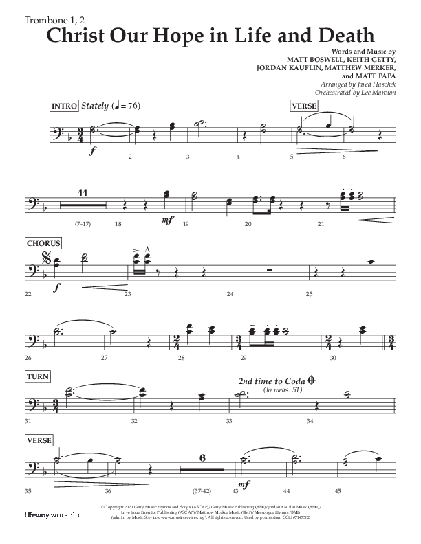 Christ Our Hope In Life And Death (Choral Anthem SATB) Trombone 1/2 (Lifeway Choral / Arr. Jared Haschek / Orch. Lee Marcum)
