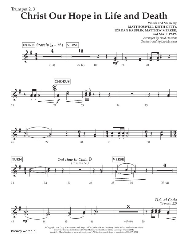 Christ Our Hope In Life And Death (Choral Anthem SATB) Trumpet 2/3 (Lifeway Choral / Arr. Jared Haschek / Orch. Lee Marcum)