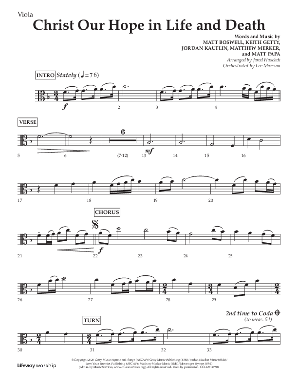 Christ Our Hope In Life And Death (Choral Anthem SATB) Viola (Lifeway Choral / Arr. Jared Haschek / Orch. Lee Marcum)