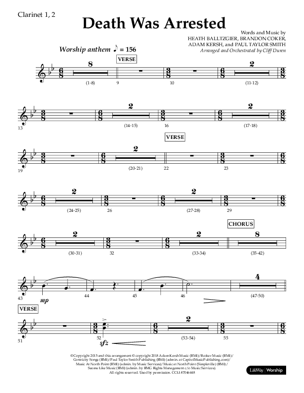 Death Was Arrested (Choral Anthem SATB) Clarinet 1/2 (Lifeway Choral / Arr. Cliff Duren)