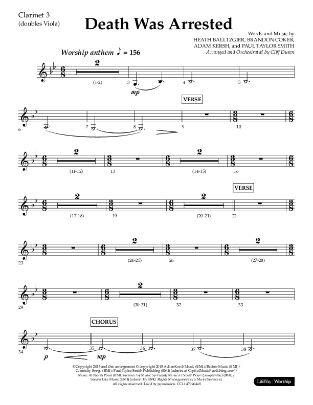 Death Was Arrested (Choral Anthem SATB) Clarinet 3 (Lifeway Choral / Arr. Cliff Duren)