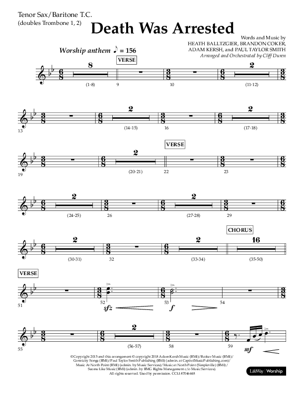 Death Was Arrested (Choral Anthem SATB) Tenor Sax/Baritone T.C. (Lifeway Choral / Arr. Cliff Duren)
