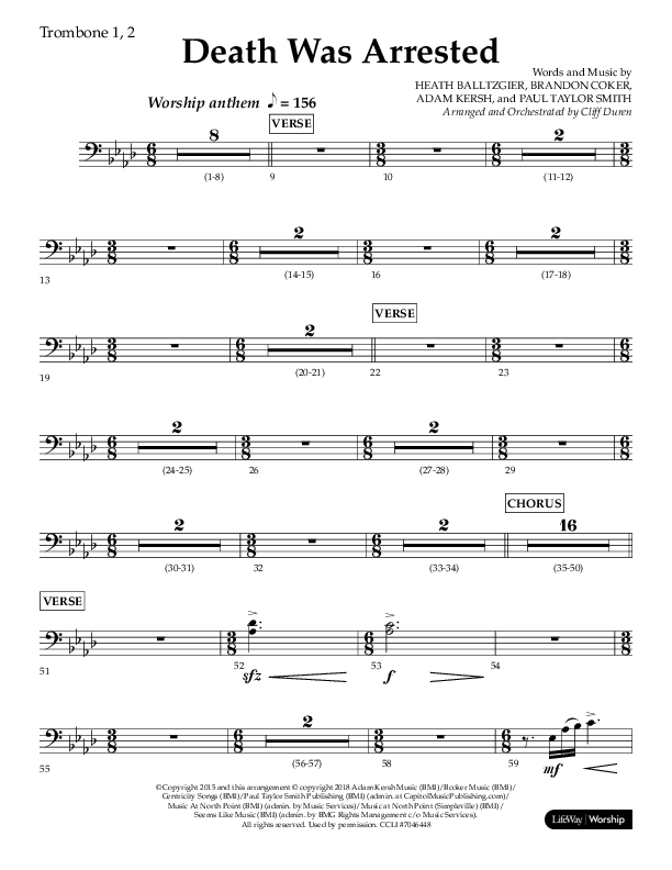 Death Was Arrested (Choral Anthem SATB) Trombone 1/2 (Lifeway Choral / Arr. Cliff Duren)