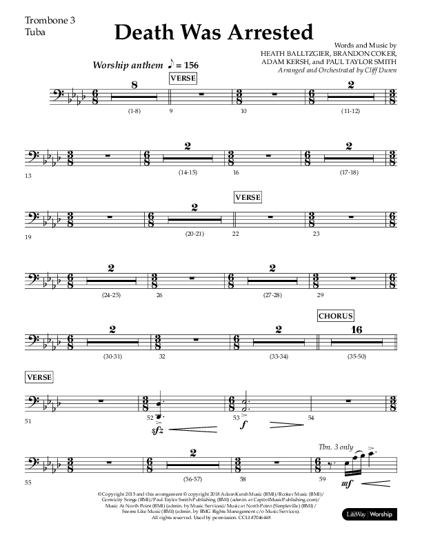 Death Was Arrested (Choral Anthem SATB) Trombone 3/Tuba (Lifeway Choral / Arr. Cliff Duren)