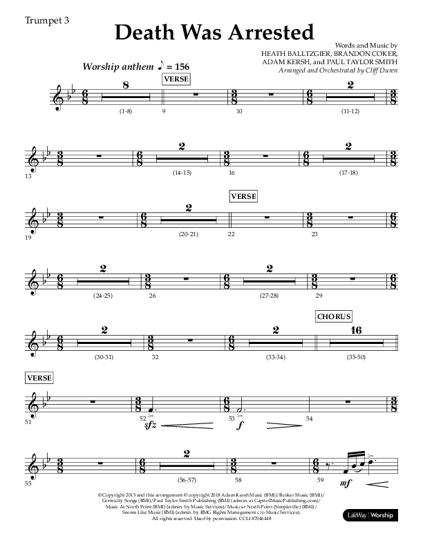 Death Was Arrested (Choral Anthem SATB) Trumpet 3 (Lifeway Choral / Arr. Cliff Duren)