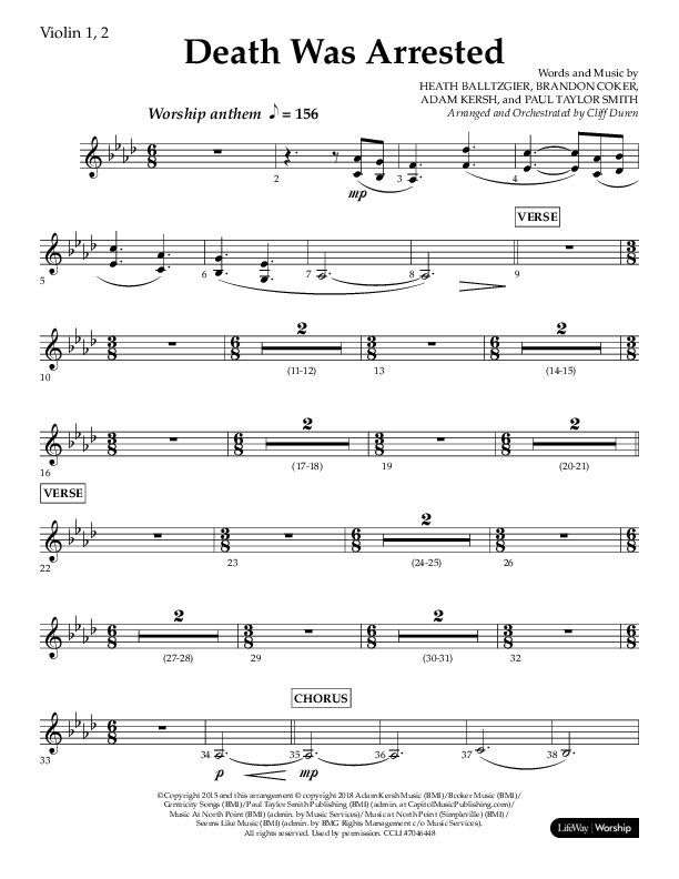 Death Was Arrested (Choral Anthem SATB) Violin 1/2 (Lifeway Choral / Arr. Cliff Duren)
