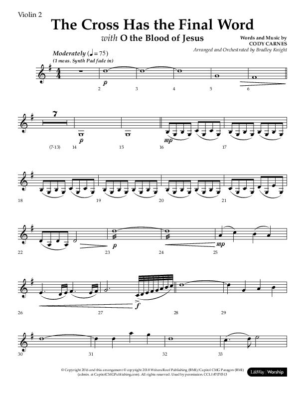 The Cross Has The Final Word with O The Blood Of Jesus (Choral Anthem SATB) Violin 2 (Lifeway Choral / Arr. Bradley Knight)