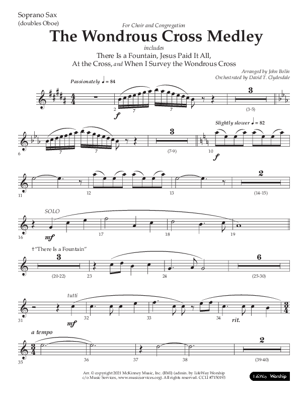 The Wondrous Cross Medley (Choral Anthem SATB) Soprano Sax (Lifeway Choral / Arr. John Bolin / Orch. David Clydesdale)
