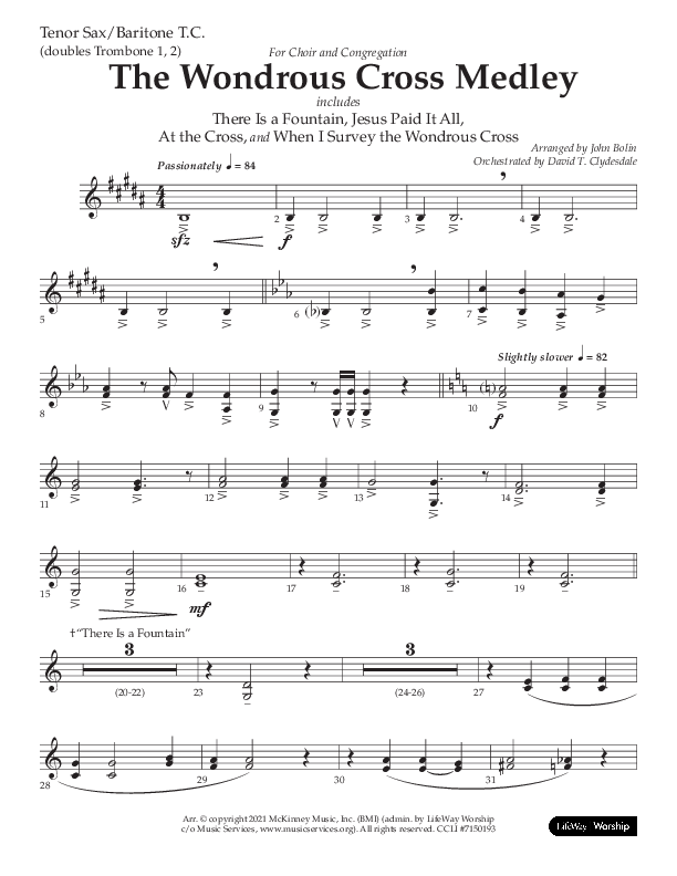 The Wondrous Cross Medley (Choral Anthem SATB) Tenor Sax/Baritone T.C. (Lifeway Choral / Arr. John Bolin / Orch. David Clydesdale)