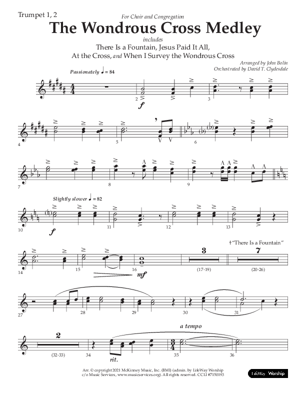 The Wondrous Cross Medley (Choral Anthem SATB) Trumpet 1,2 (Lifeway Choral / Arr. John Bolin / Orch. David Clydesdale)
