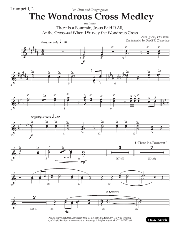 The Wondrous Cross Medley (Choral Anthem SATB) Trumpet 1,2 (Lifeway Choral / Arr. John Bolin / Orch. David Clydesdale)