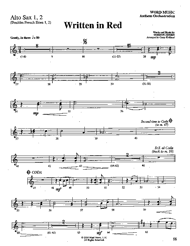 Written In Red (Choral Anthem SATB) Alto Sax 1/2 (Word Music Choral / Arr. Camp Kirkland)