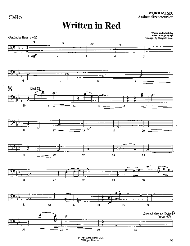Written In Red (Choral Anthem SATB) Cello (Word Music Choral / Arr. Camp Kirkland)