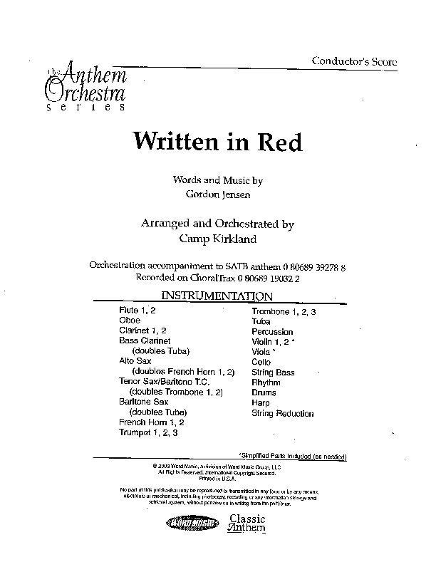 Written In Red (Choral Anthem SATB) Orchestration (Word Music Choral / Arr. Camp Kirkland)