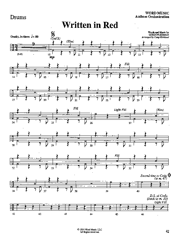 Written In Red (Choral Anthem SATB) Drum Set (Word Music Choral / Arr. Camp Kirkland)