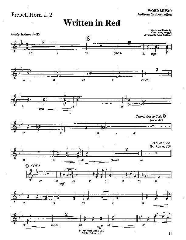 Written In Red (Choral Anthem SATB) French Horn 1/2 (Word Music Choral / Arr. Camp Kirkland)