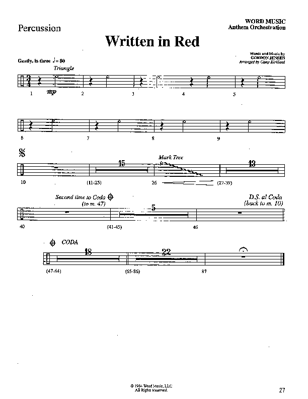 Written In Red (Choral Anthem SATB) Percussion (Word Music Choral / Arr. Camp Kirkland)