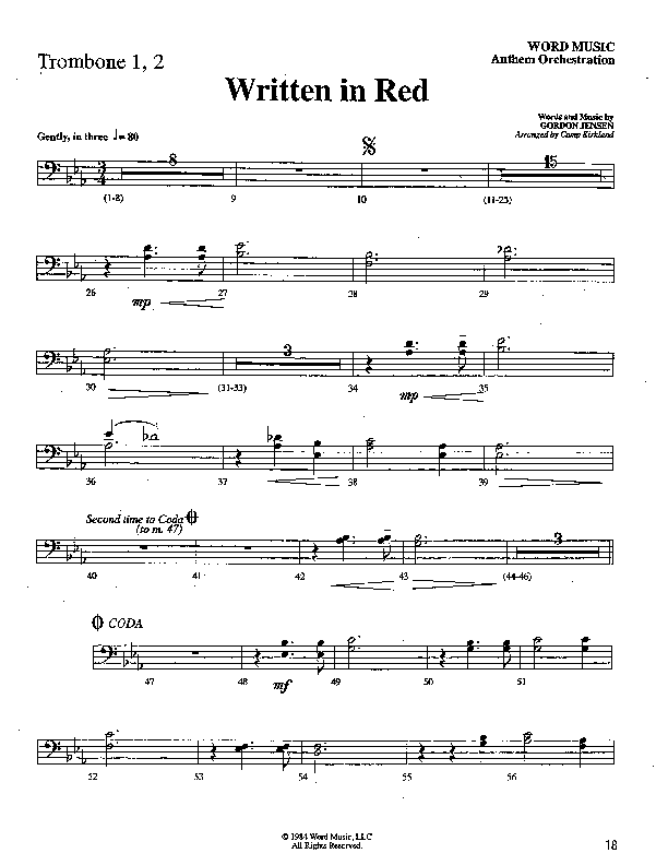 Written In Red (Choral Anthem SATB) Trombone 1/2 (Word Music Choral / Arr. Camp Kirkland)