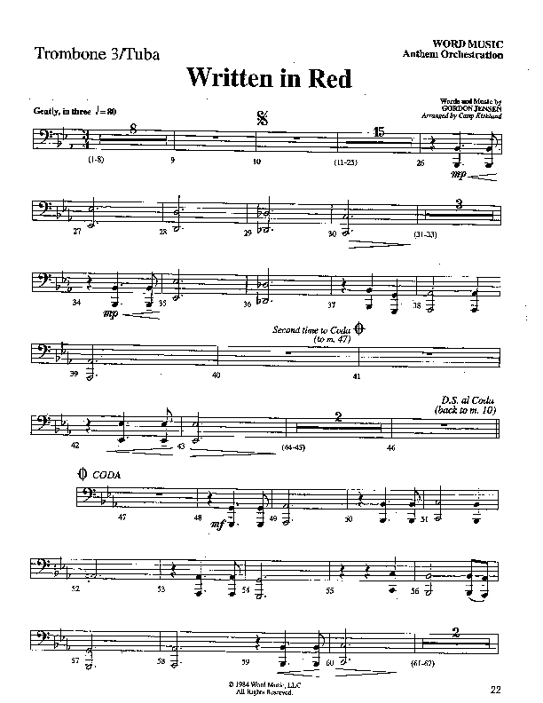 Written In Red (Choral Anthem SATB) Trombone 3/Tuba (Word Music Choral / Arr. Camp Kirkland)