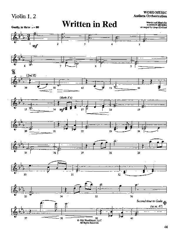 Written In Red (Choral Anthem SATB) Violin 1/2 (Word Music Choral / Arr. Camp Kirkland)