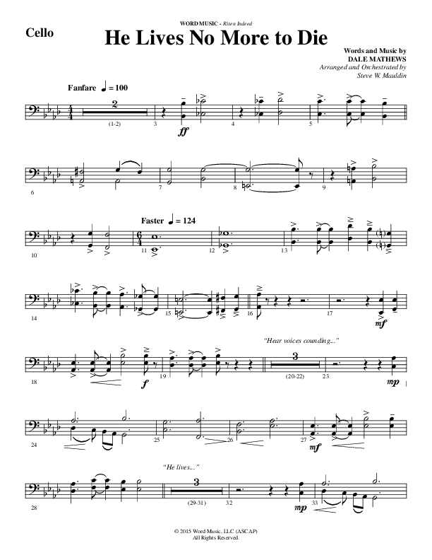 He Lives No More To Die (Choral Anthem SATB) Cello (Word Music Choral / Arr. Steve Mauldin)