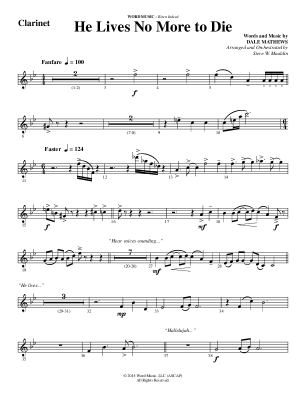 He Lives No More To Die (Choral Anthem SATB) Clarinet (Word Music Choral / Arr. Steve Mauldin)