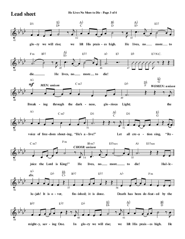 He Lives No More To Die (Choral Anthem SATB) Lead Sheet (Melody) (Word Music Choral / Arr. Steve Mauldin)