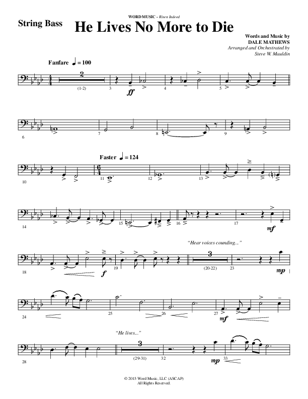 He Lives No More To Die (Choral Anthem SATB) String Bass (Word Music Choral / Arr. Steve Mauldin)