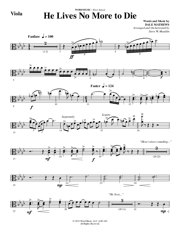 He Lives No More To Die (Choral Anthem SATB) Viola (Word Music Choral / Arr. Steve Mauldin)