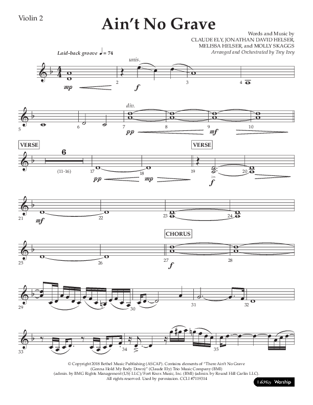 Ain't No Grave (Choral Anthem SATB) Violin 2 (Lifeway Choral / Arr. Trey Ivey)