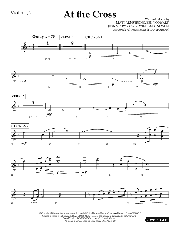 At The Cross (Choral Anthem SATB) Violin 1/2 (Lifeway Choral / Arr. Danny Mitchell)