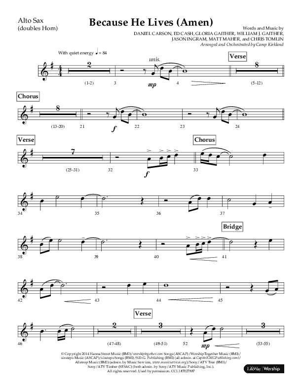 Because He Lives (Amen) (Choral Anthem SATB) Alto Sax (Lifeway Choral / Arr. Camp Kirkland)