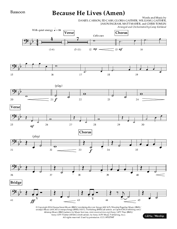 Because He Lives (Amen) (Choral Anthem SATB) Bassoon (Lifeway Choral / Arr. Camp Kirkland)