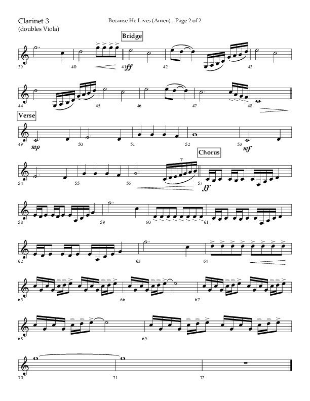 Because He Lives (Amen) (Choral Anthem SATB) Clarinet 3 (Lifeway Choral / Arr. Camp Kirkland)