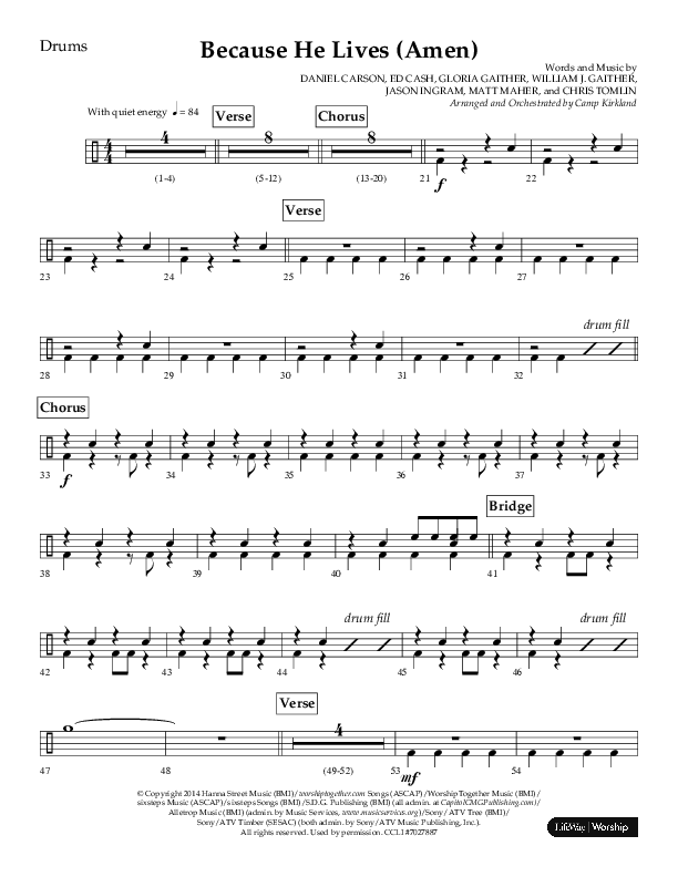 Because He Lives (Amen) (Choral Anthem SATB) Drum Set (Lifeway Choral / Arr. Camp Kirkland)