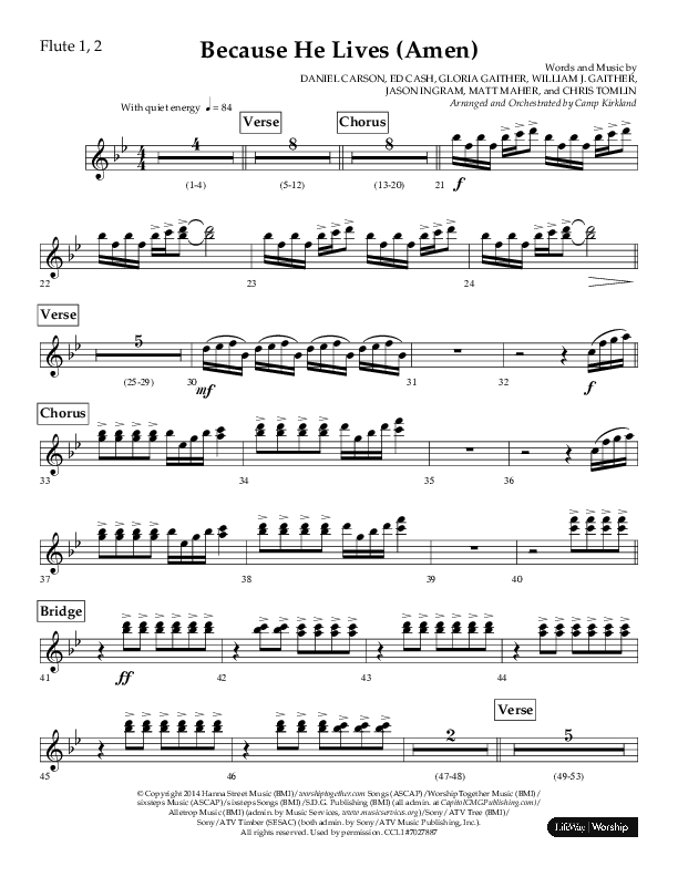 Because He Lives (Amen) (Choral Anthem SATB) Flute 1/2 (Lifeway Choral / Arr. Camp Kirkland)