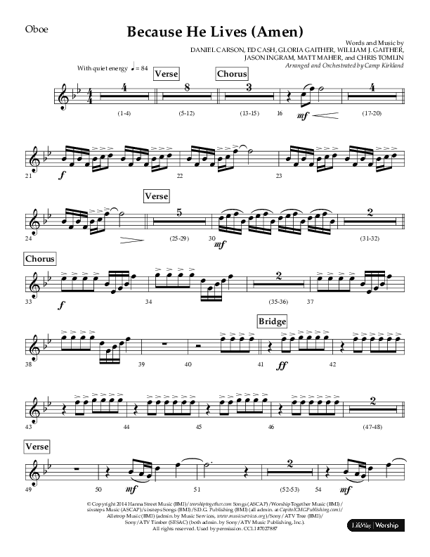 Because He Lives (Amen) (Choral Anthem SATB) Oboe (Lifeway Choral / Arr. Camp Kirkland)
