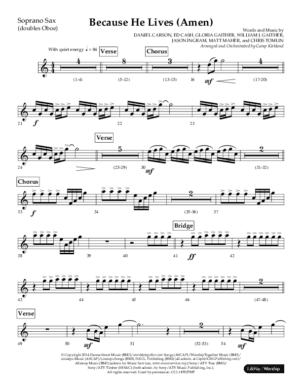 Because He Lives (Amen) (Choral Anthem SATB) Soprano Sax (Lifeway Choral / Arr. Camp Kirkland)